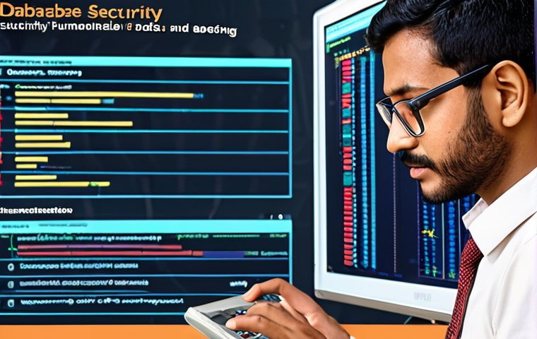 **
"A security expert analyzing a database system interface with complex code and data flow diagrams. Emphasis on identifying vulnerabilities. Bengali text overlay: 'Data Base Surakshar Mulik Bishoy' (ডেটাবেস সুরক্ষার মৌলিক বিষয় - Fundamentals of Database Security)."
**